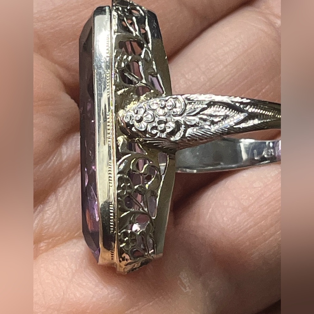 ANTIQUE 18K WHITE GOLD FILIGREE RING with FINE NATURAL AMETHYST,ART DECO,1920's - Picture 3 of 9